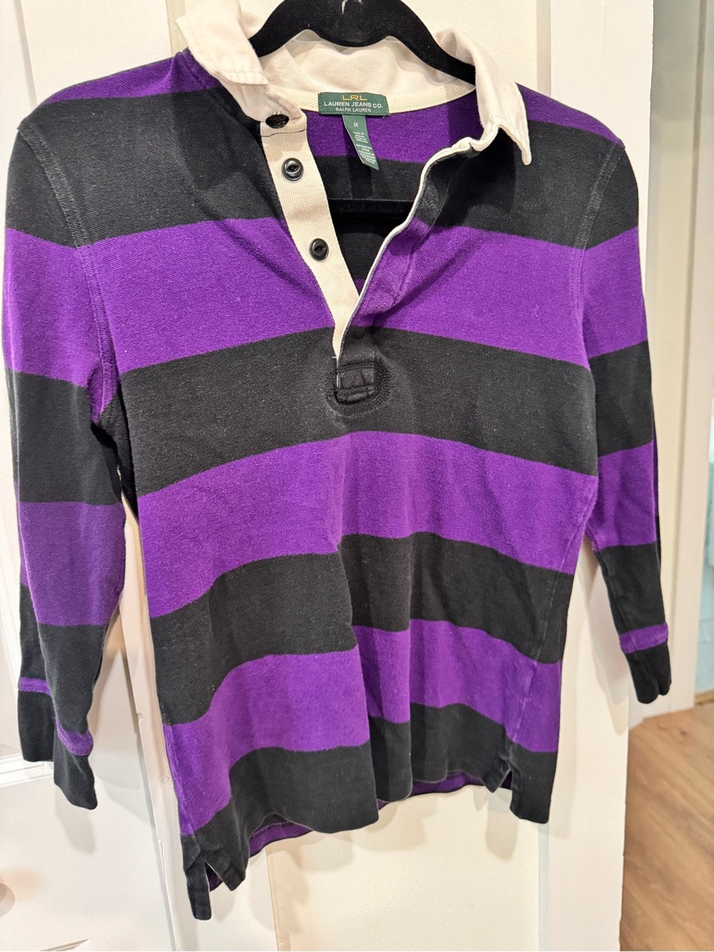 Ralph Lauren Purple & Black Striped V‑Neck Rugby Sweater with Cream Collar - Picture 4 of 5